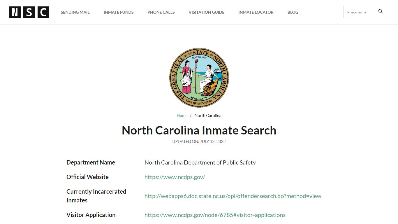 North Carolina Inmate Search – North Carolina Department of Public ...